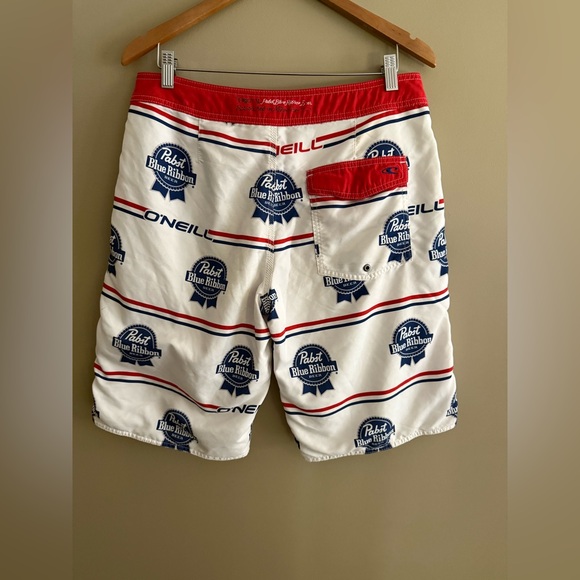 O'Neill White and Blue Pabst Blue Ribbon Logo Board Shorts - Picture 8 of 17